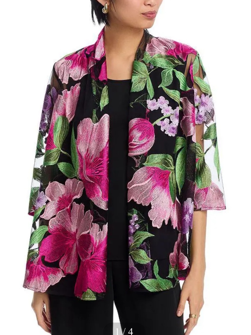 CAROLINE ROSE Embroidered Swing Cardigan Women’s Large Floral Jacket Sheer